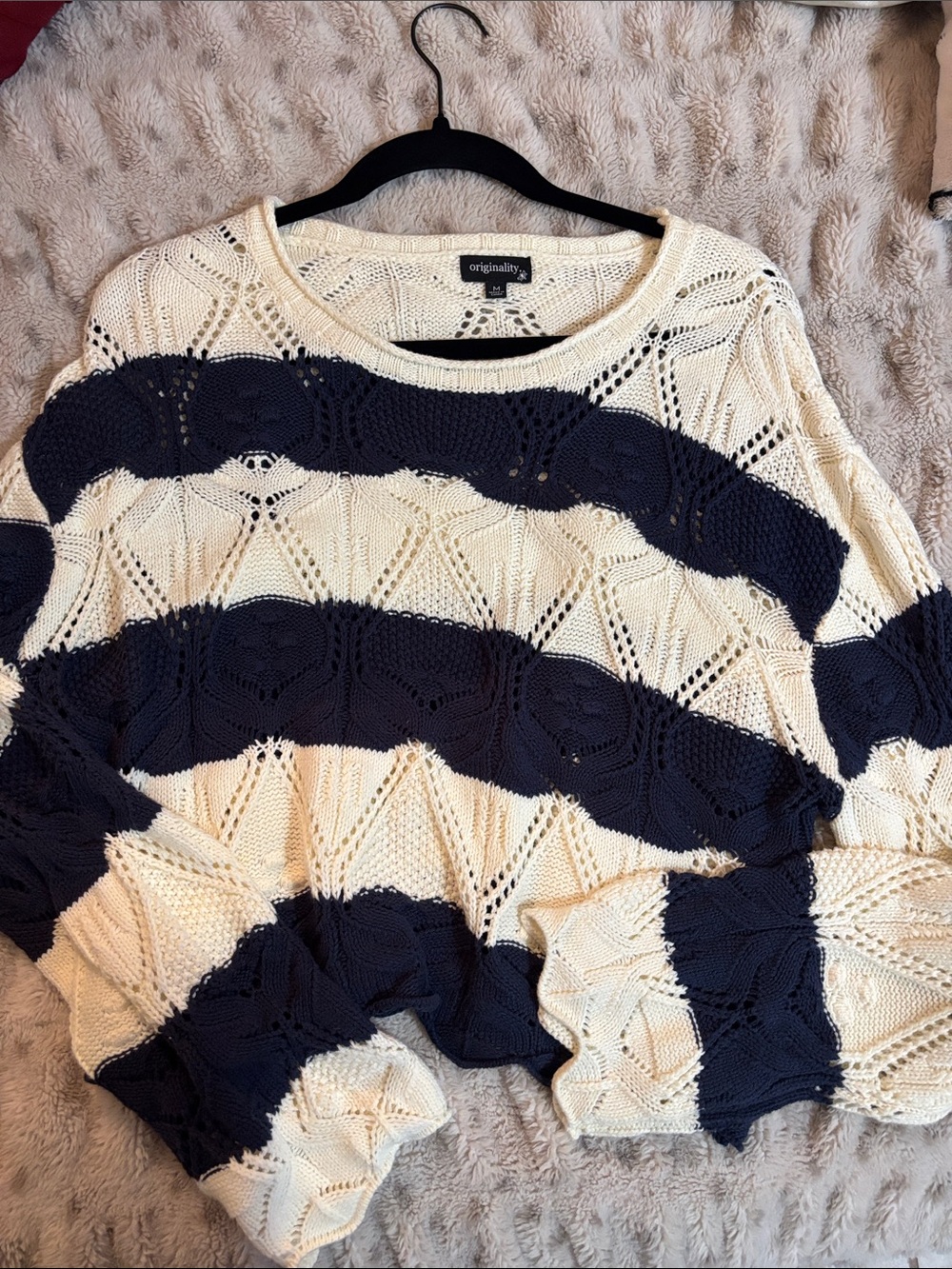 Originality Cream & Navy Striped Open-Knit Crew Sweater